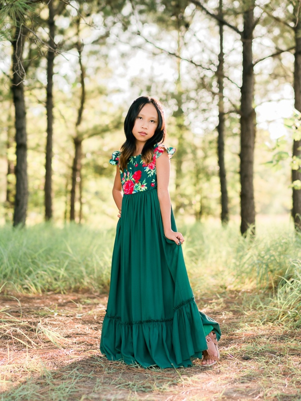 Girls Festive Holiday Vintage Inspired Green Floral Chiffon Maxi Dress, Sz 8